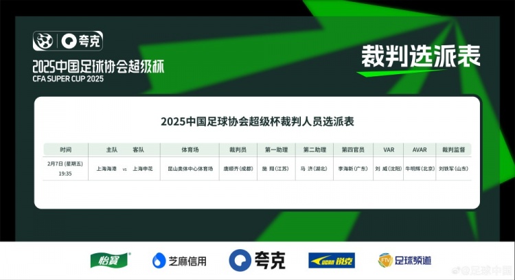  超級杯海港vs申花裁判員名單：主裁判唐順齊，VAR劉威