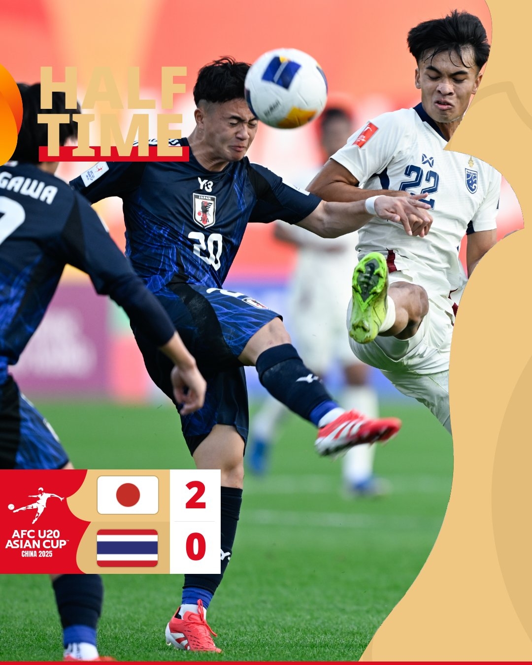  半場(chǎng)-日本U20 2-0領(lǐng)先泰國(guó)U20，石井久繼破門+中柱 泰國(guó)0射正